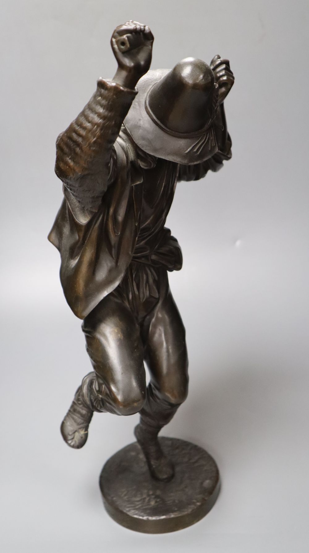 Jean Jacques Feuchere (1807-1852), bronze, Sword Dancer, foundry E. de LaBroue, signed to circular base (missing sword)